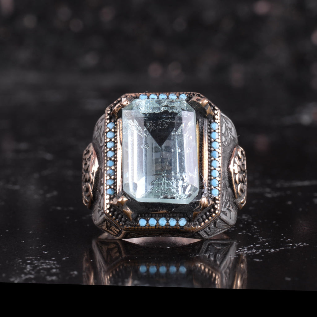 KAMBO Certified Aquamarine Stone Men's Ring - 925 Sterling Silver Ottoman Style Statement Ring - Handmade Blue Stone Islamic Jewelry — 3