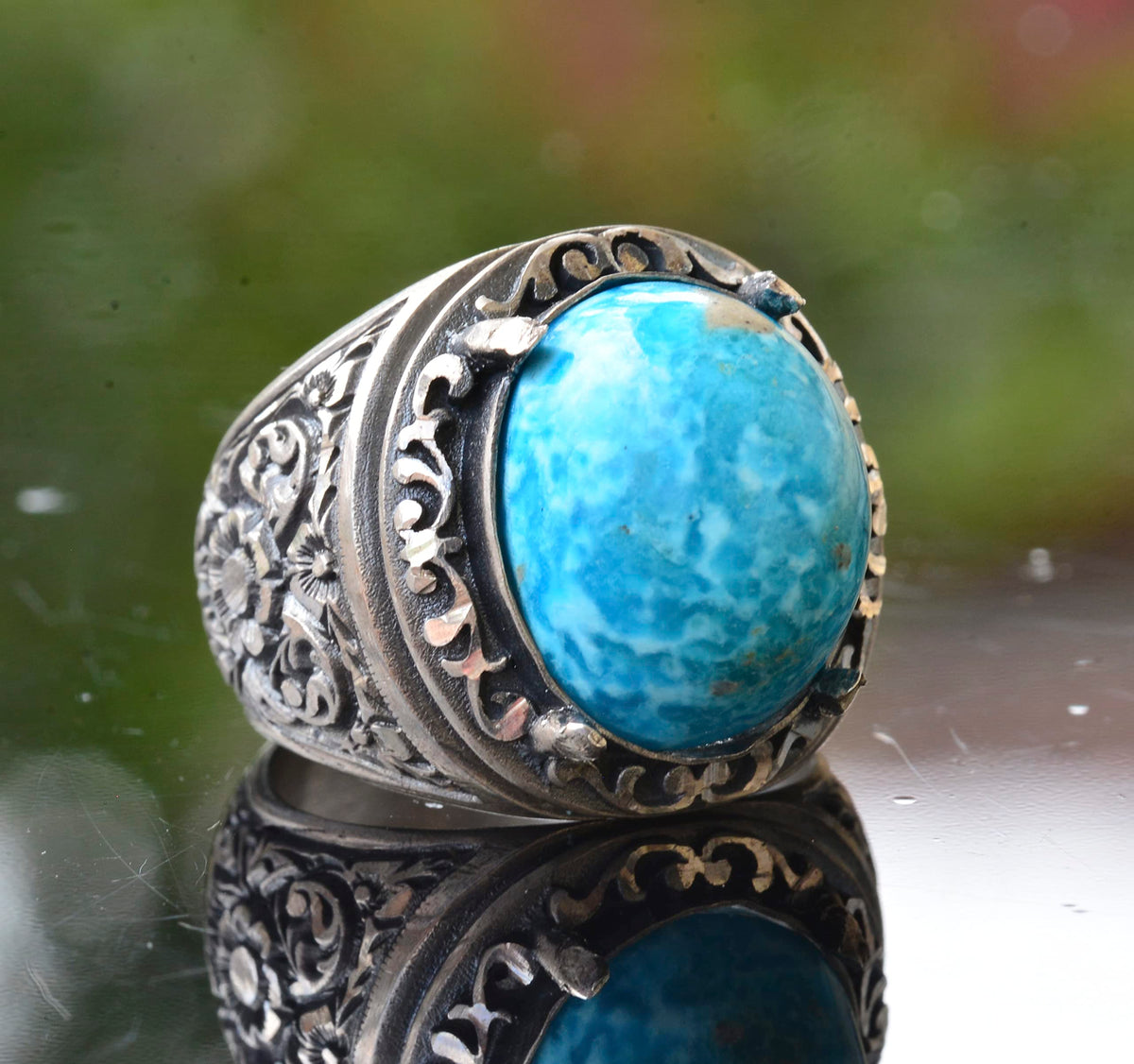 KAMBO Handmade Natural Turquoise Stone Men's Ring in 925 Sterling Silver, Vintage Style-2 Statement Ring, Unique Gift fo