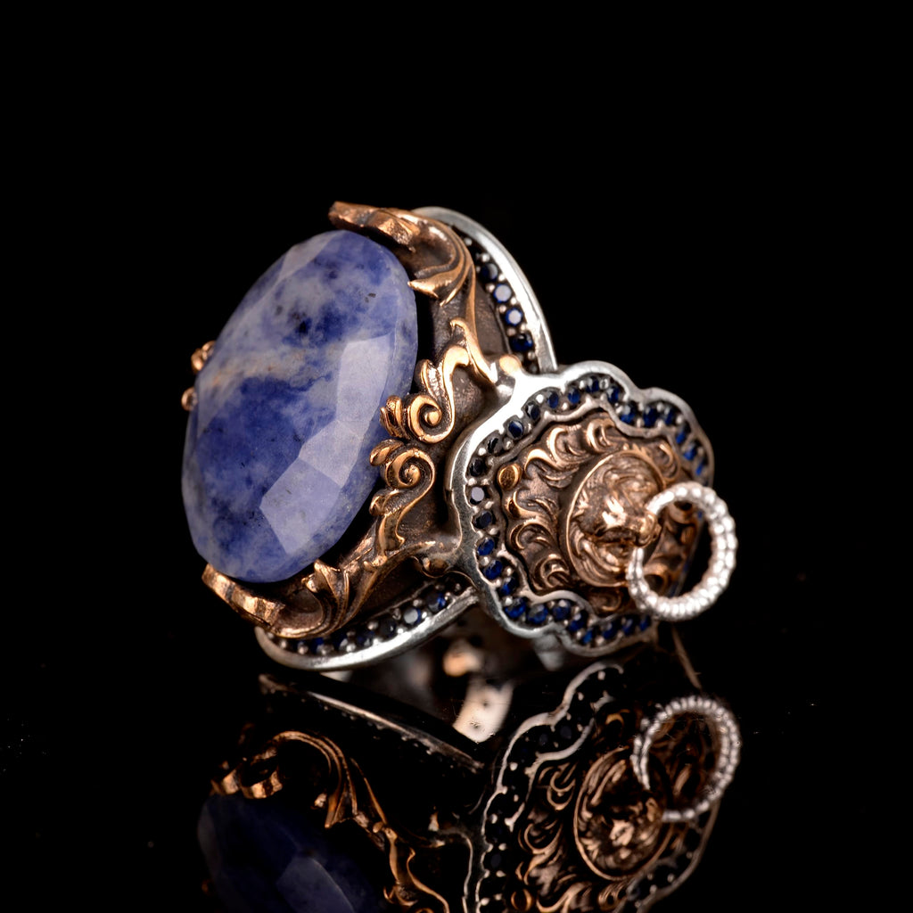 KAMBO Handmade 925 Sterling Silver Men's Ring with Genuine Sodalite Gemstone, Lion Design, Gold Plated Vintage Statement