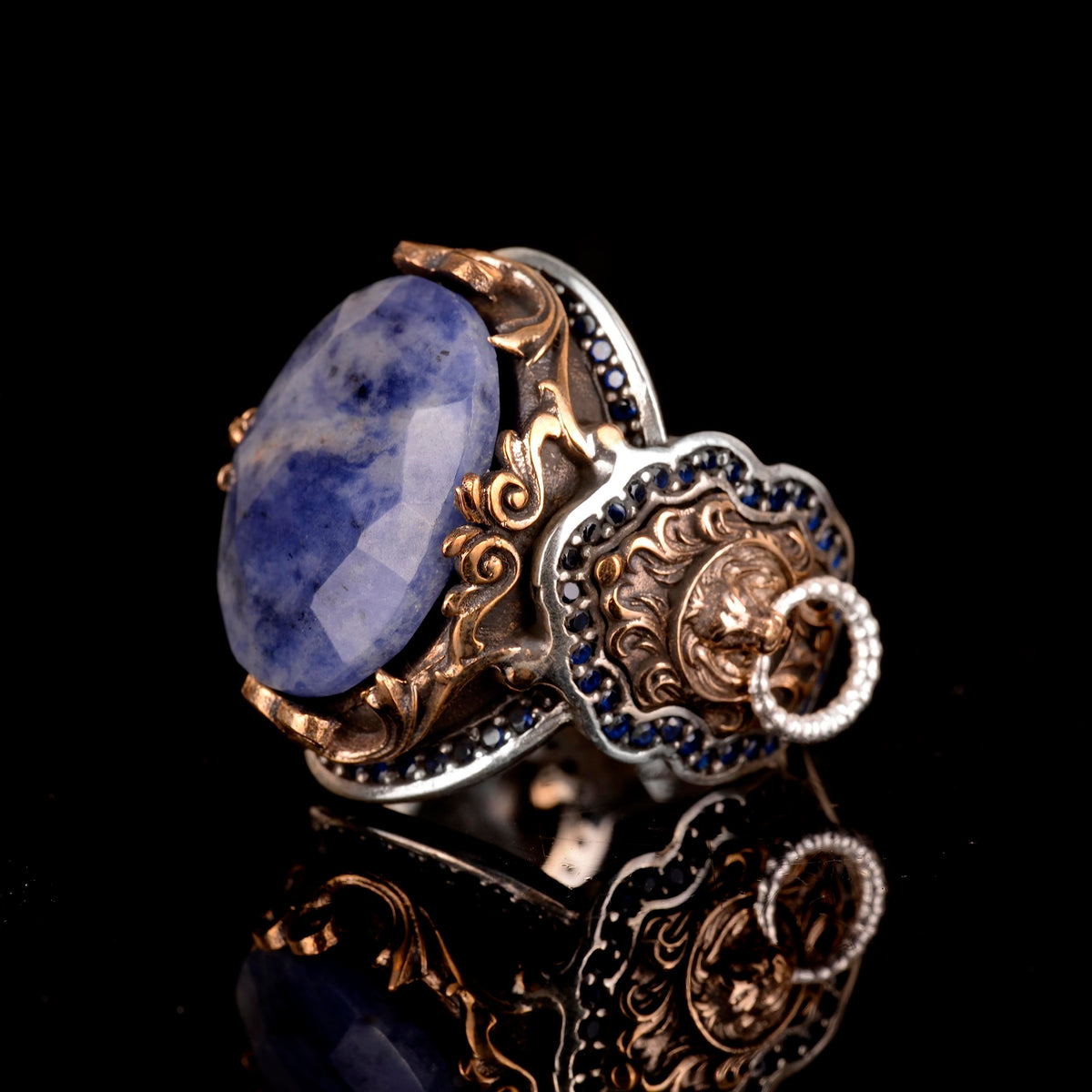 KAMBO Handmade 925 Sterling Silver Men's Ring with Genuine Sodalite Gemstone, Lion Design, Gold Plated Vintage Statement