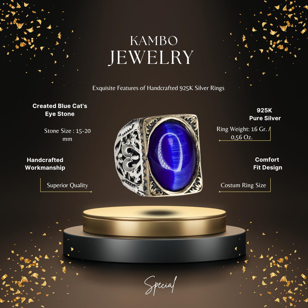 KAMBO Men's Silver Ring with Blue Cat's Eye Stone, Vintage Eagle Claw Design — 2