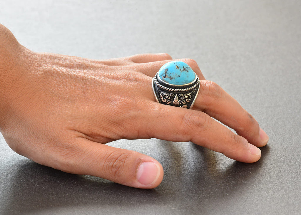 Natural Arizona Turquoise Stone Ring, Men's Ring, Silver Ring green — 6