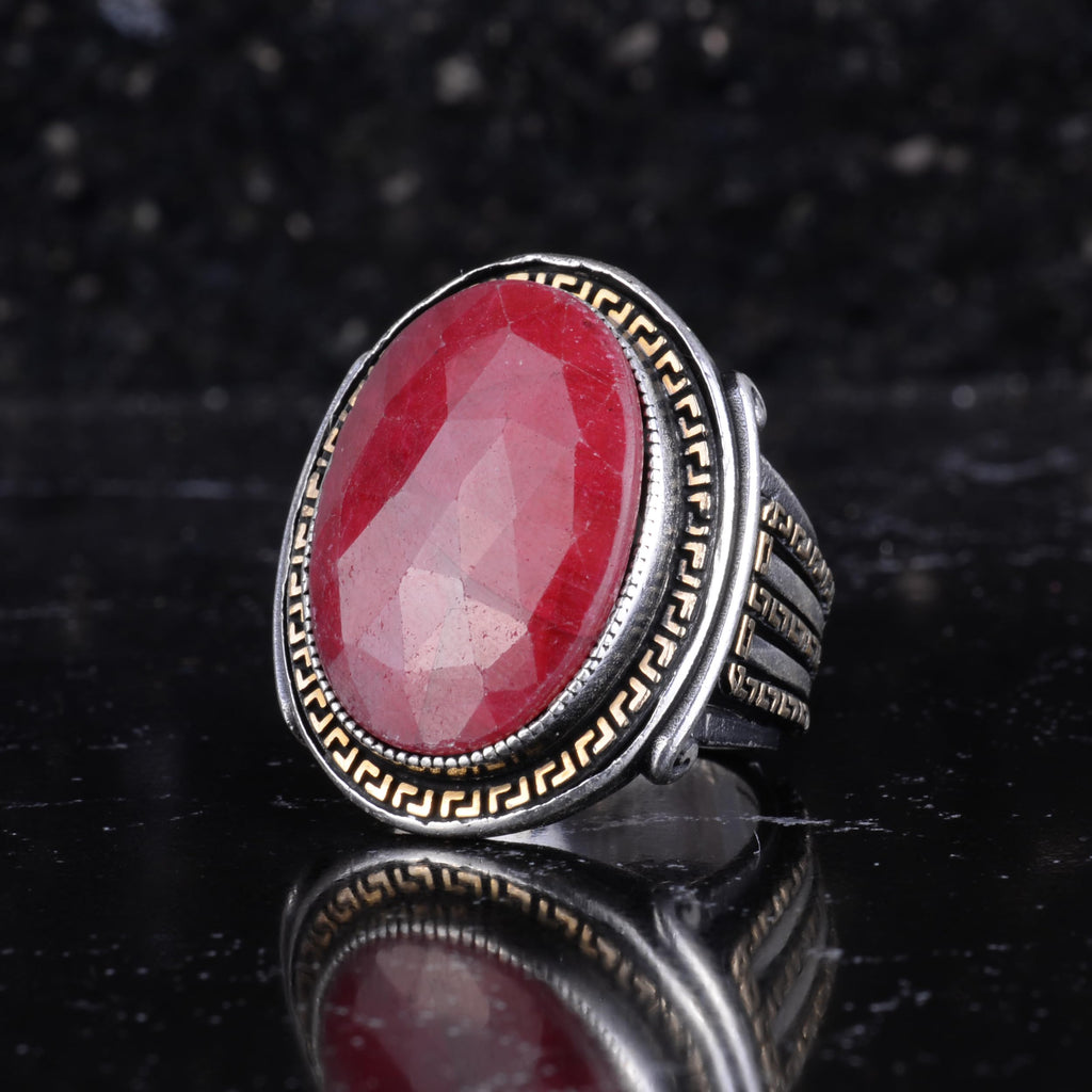 KAMBO Men's Genuine Natural Stone Ring – 925 Sterling Silver Large Statement Ring – Handmade Vintage Design – Dark Silver Ring (Ruby) — 5