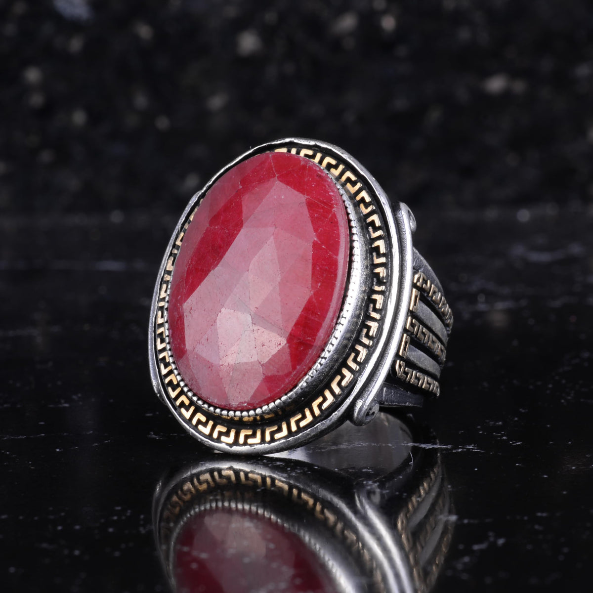 KAMBO Men's Genuine Natural Stone Ring – 925 Sterling Silver Large Statement Ring – Handmade Vintage Design – Dark Silver Ring (Ruby) — 5