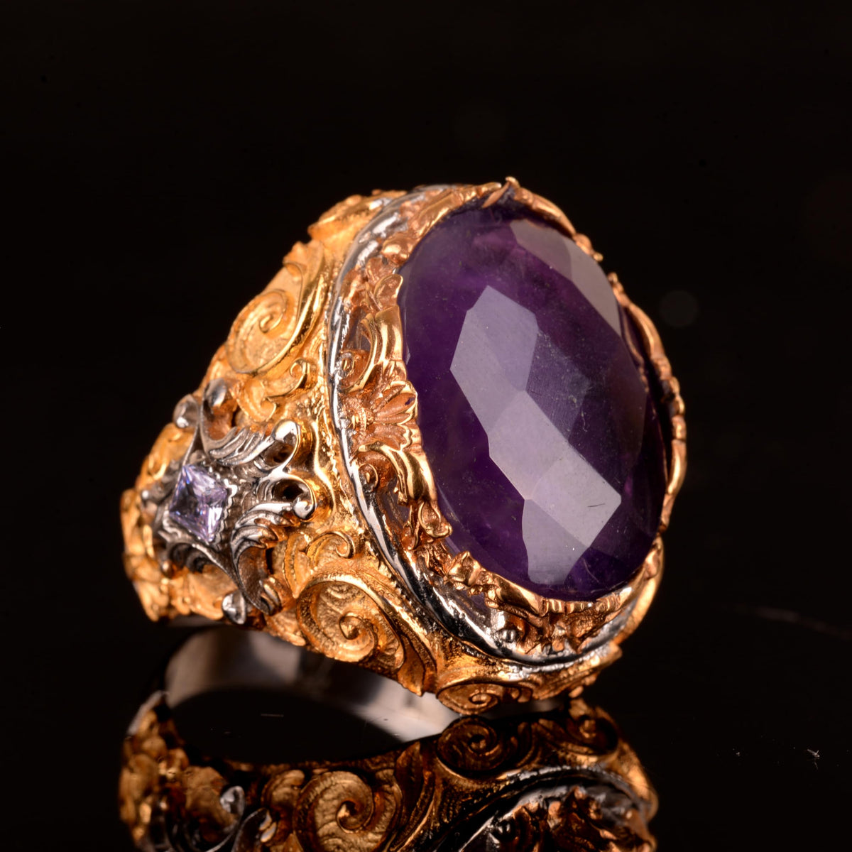 925 Sterling Silver Men's Ring, Natural Amethyst Stone Ring — 2