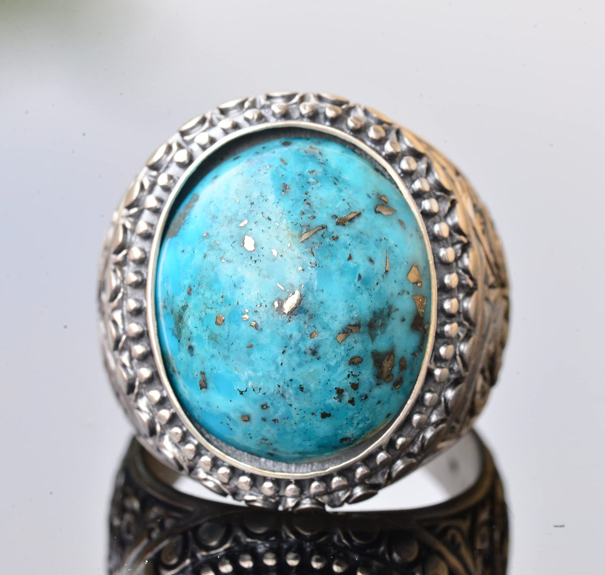 KAMBO Handmade Natural Arizona Turquoise Men's Ring in 925 Sterling Silver with Steel Pen Craft Design Vintage Statement