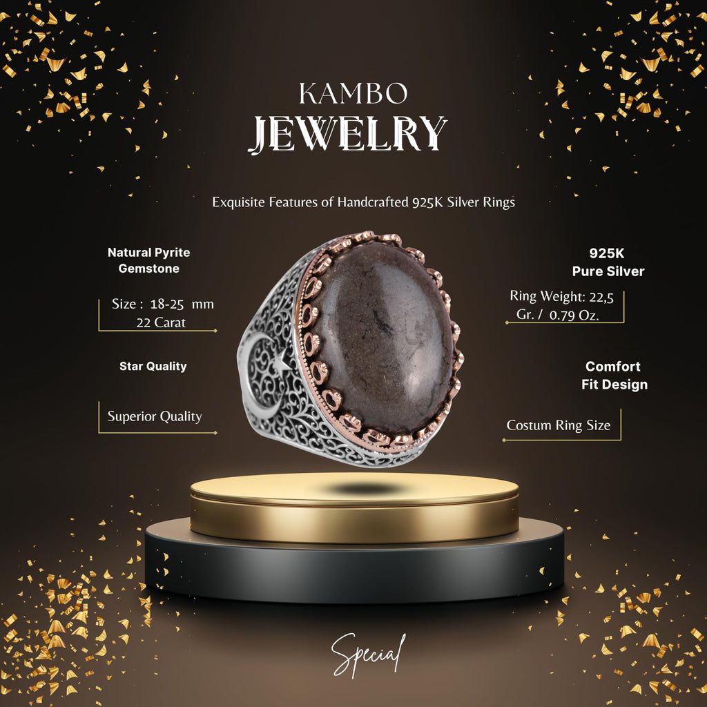 KAMBO 925 Sterling Silver Men's Natural Stone Ring - Moon and Star Design - Handmade Vintage Jewelry (Pyrite) — 2