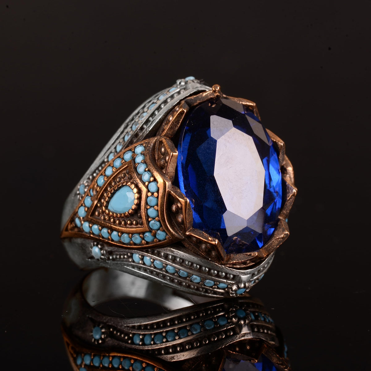 925 Sterling Silver Men's Ring, Artificial Blue Sapphire, Stylish Turkish Design — 4