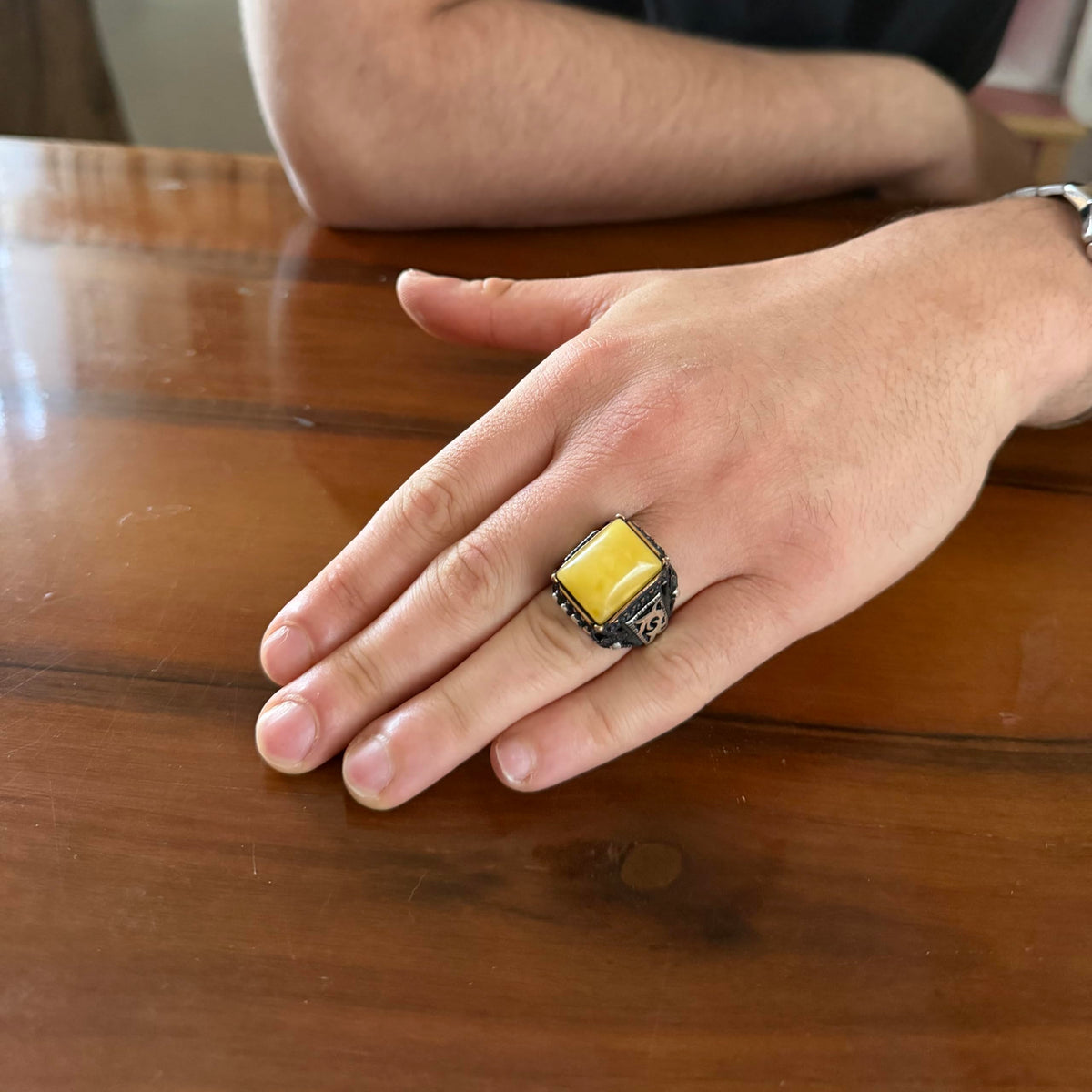 KAMBO Natural Amber Stone Men's Ring 925 Sterling Silver – Rectangular Stone Handmade Vintage Statement Ring — 3
