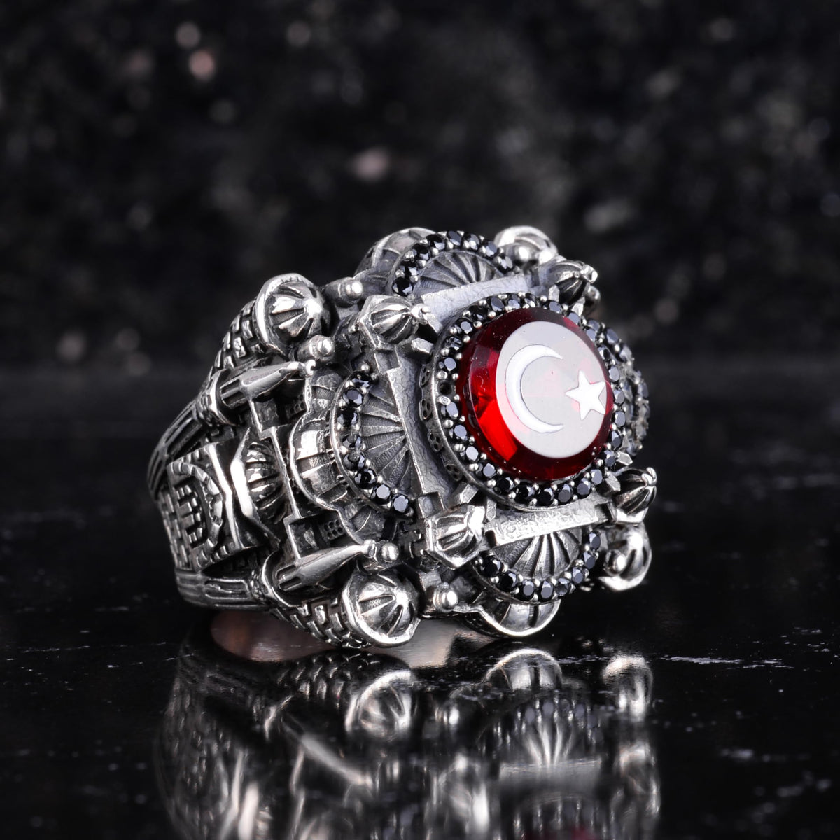 KAMBO Created Red Stone Large Men's Ring 925 Sterling Silver – Turkish Crescent Star Islamic Mosque Inspired Statement Ring — 6