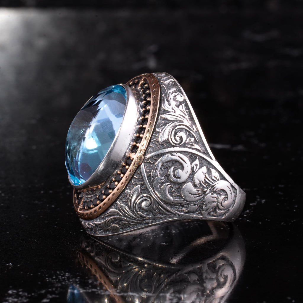 Men's Natural Stone Large Ring – Oval Stone Vintage Byzantine Engraved Statement Ring - Antique Filigree 925 Sterling Silver Jewelry (Blue Topaz) — 5