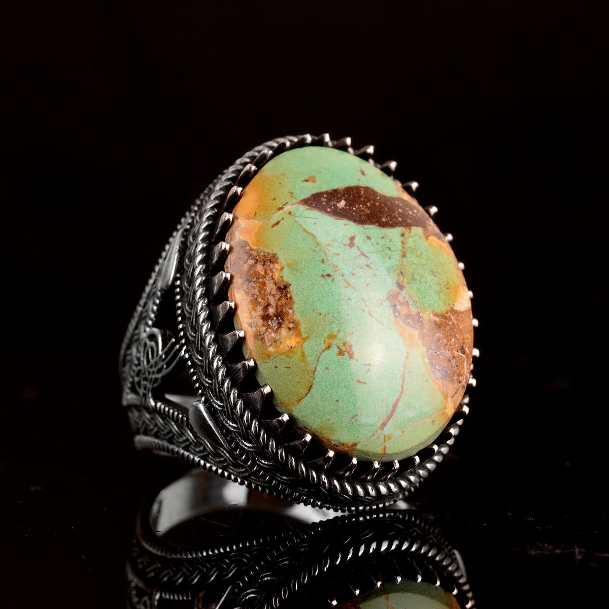 925 Sterling Silver Men's Ring, Green Turquoise Stone, Natural Turquoise Stone, Handmade Silver Ring — 5
