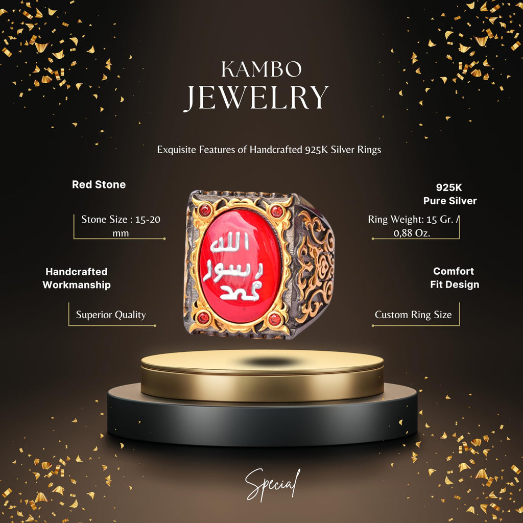 Silver Sultan Ring - Islamic Design (Red) — 2