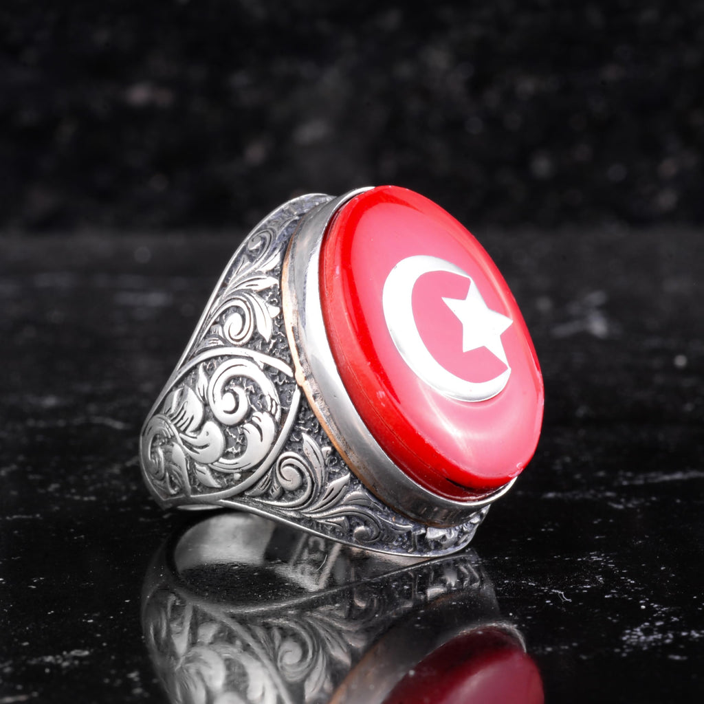 KAMBO Men's Turkish Flag Ring - Crescent and Star Symbol Statement Ring - Vintage Engraved 925 Sterling Silver Handmade Men's Jewelry — 5