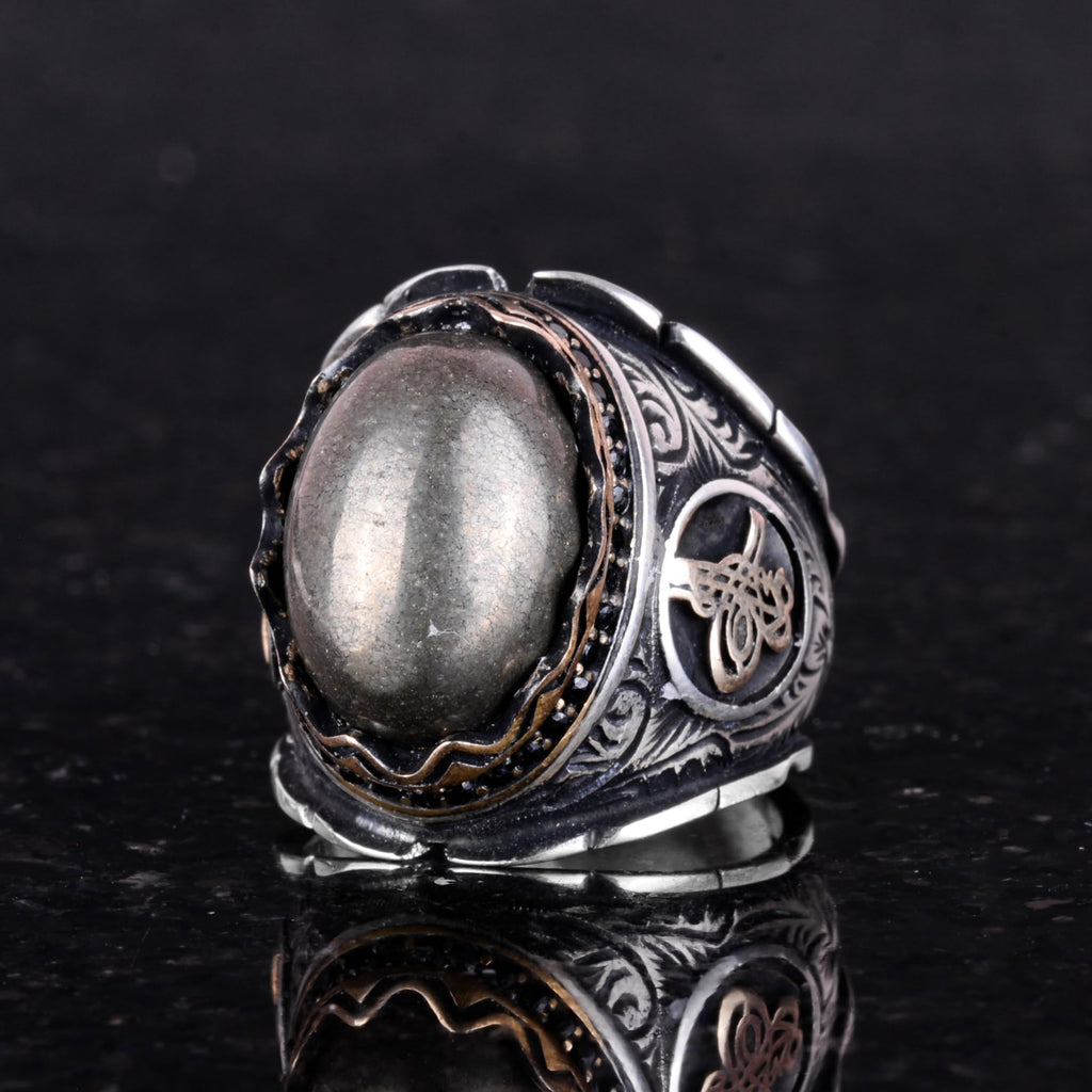 925 Sterling Silver Men's Ring - Natural Pyrite Stone Ottoman Tugra Ring — 3