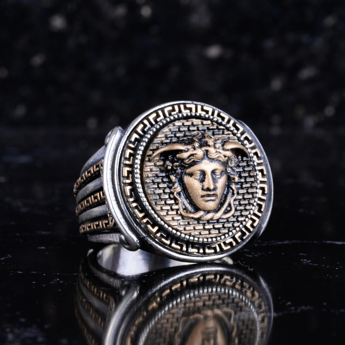KAMBO Bronze Detailed 925 Sterling Silver Men's Ring Handmade Vintage Symbolic Statement Ring (Medusa Head) — 6