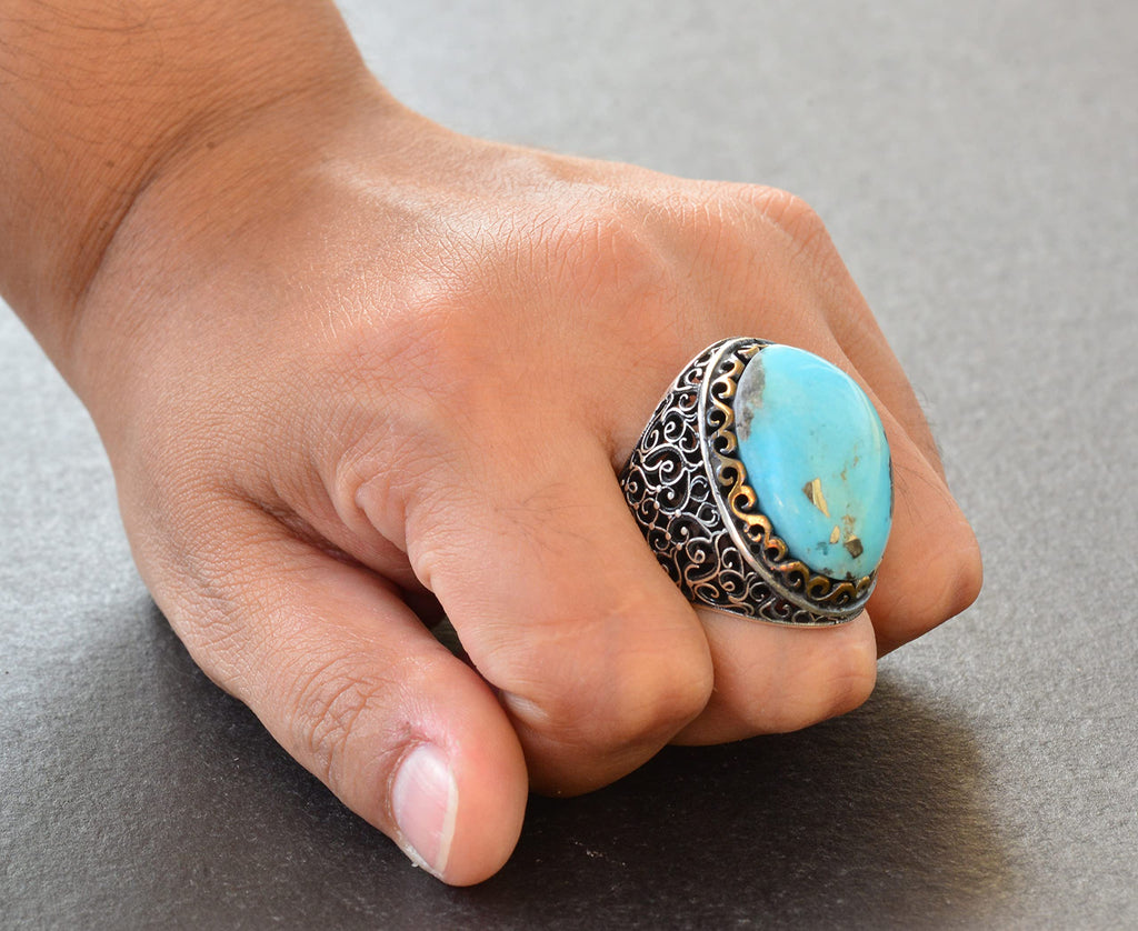Natural Arizona Turquoise Stone Ring, 925 Sterling Silver Men's Ring (Model-4) — 7