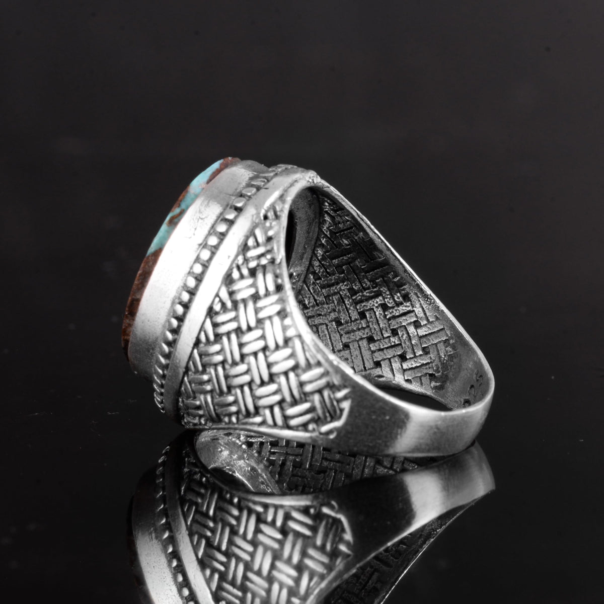 KAMBO Natural Turquoise Stone 925 Sterling Silver Men's Ring - Handmade Woven Texture Vintage Statement Jewelry (Style-2) — 7