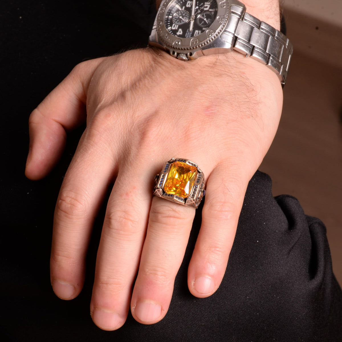 925 Sterling Silver Men's Ring, Oval Stone Ring, Synthetic Citrine Ring — 3