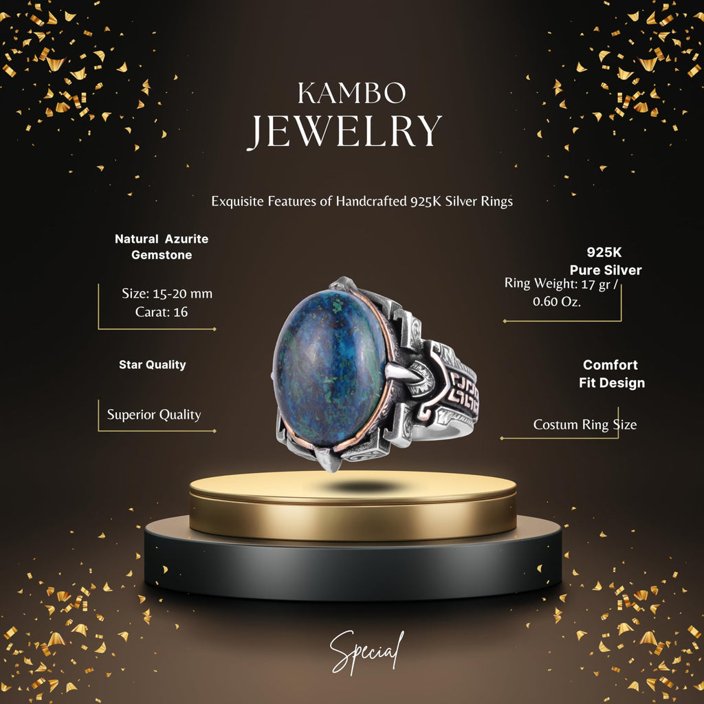 KAMBO Natural Stone Ring 925 Sterling Silver – Handmade Men's Statement Ring Healing Jewelry (Azurite) — 2