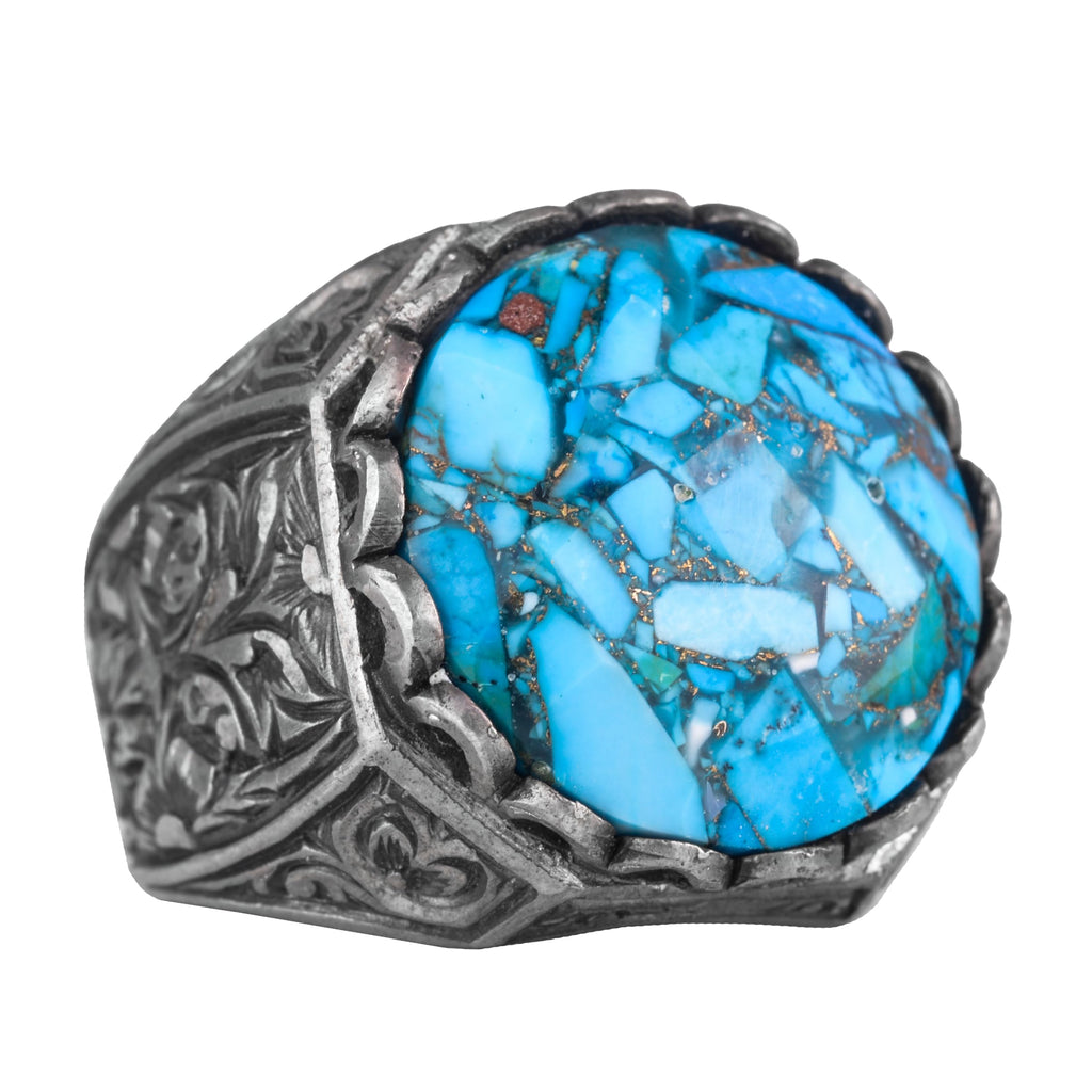 KAMBO Handmade 925 Sterling Silver Men's Ring with Genuine Natural Turquoise Stone, Ornate Vintage Design, Modern Statem