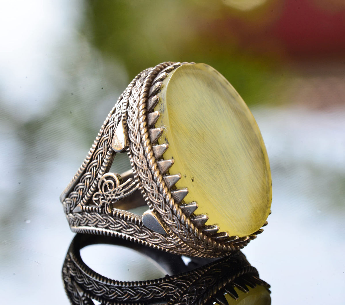 Ottoman Silver Ring with Natural Raw Amber Stone — 4