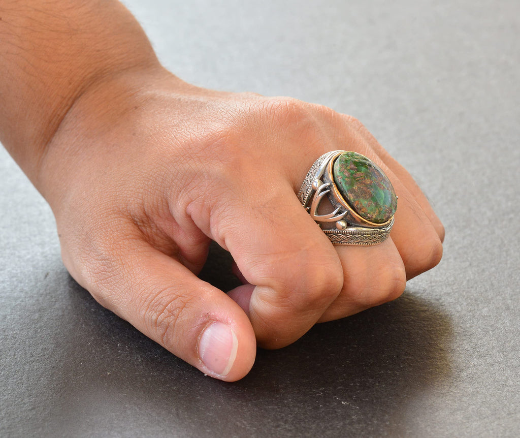 Natural Stone Ring - Silver Men's Handmade Sword Ring (Turquoise) — 7