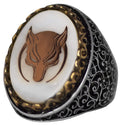 Wolf and Crescent Men's 925 Sterling Silver Ring - Wolf Symbol, Natural Mother of Pearl Stone