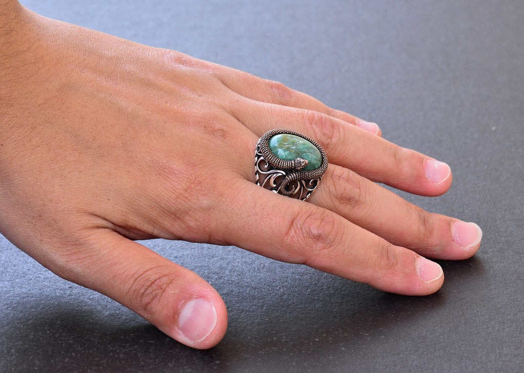 925 Sterling Silver Men's Ring - Handmade Elegance with Natural Green Bloodstone — 6