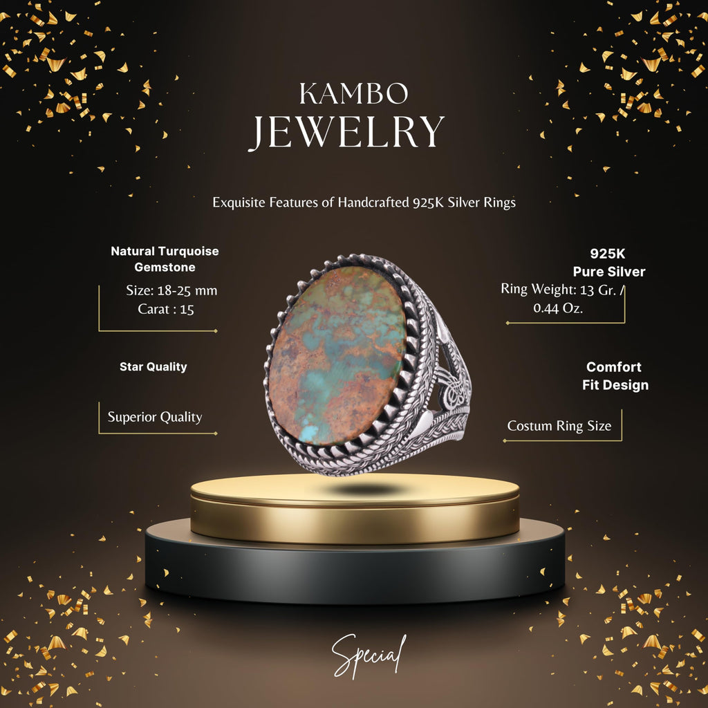 KAMBO Natural Turquoise Stone Large Men's Ring 925 Sterling Silver Oval Cabochon Ottoman Tugra Engraved Handmade Statement Ring (Turquoise-2) — 2