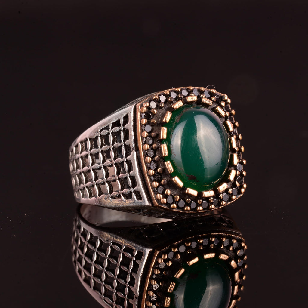Falcon Jewelry Men's 925 Sterling Silver Ring, Natural Jade Gemstone (10)
