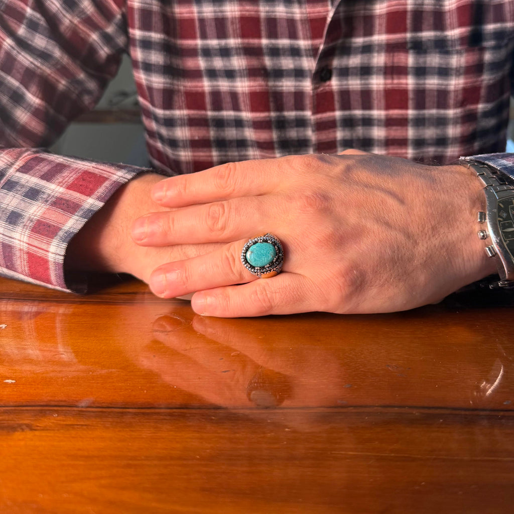 KAMBO Genuine Natural Arizona Turquoise Stone – 925 Sterling Silver Statement Ring – Handmade Men's Jewelry (Style-8) — 3
