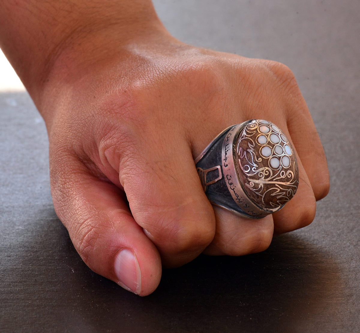 Handmade Walnut Carved Pattern Silver Men's Ring, with Pearl and Decorative Details — 6