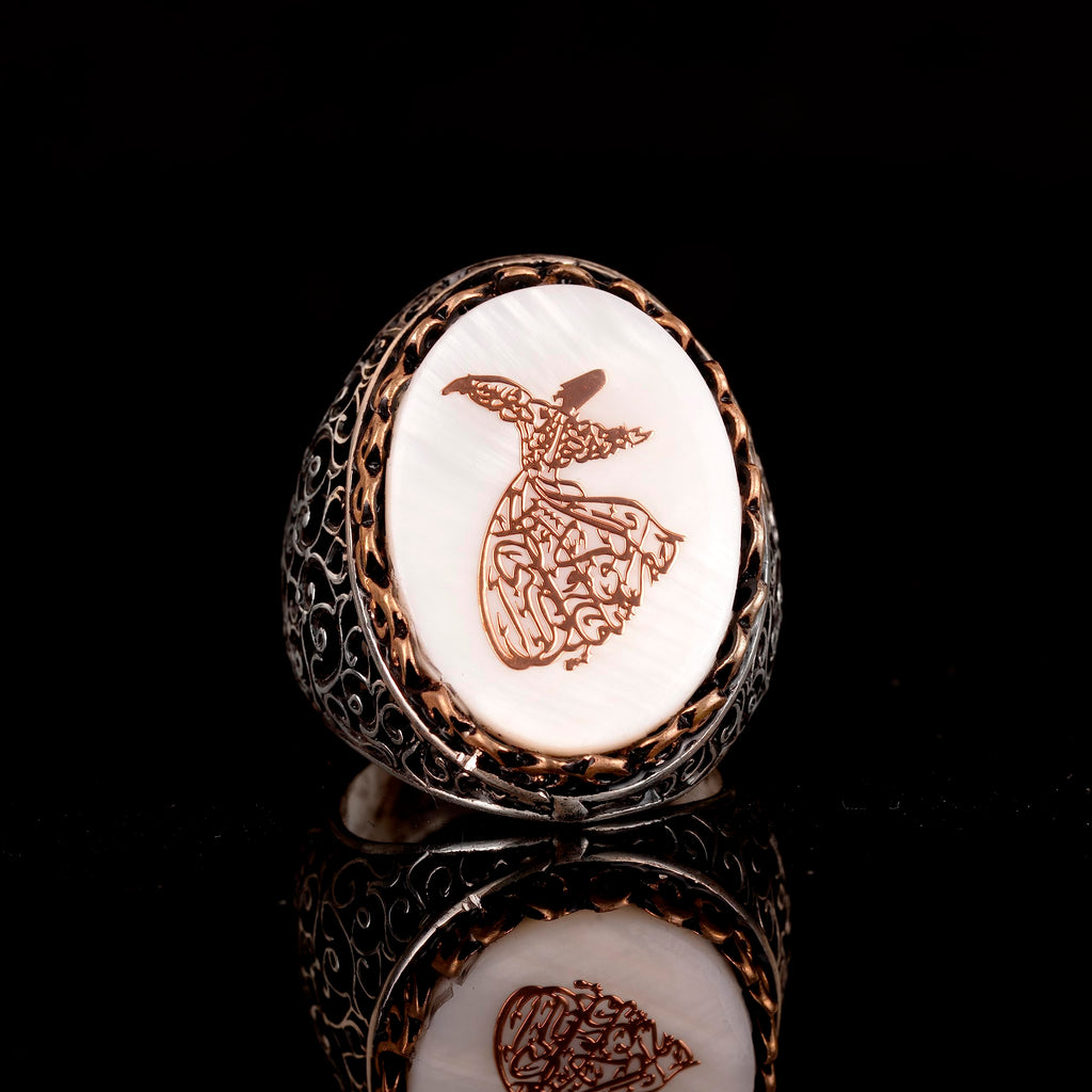 Noble and Symbolic Men's 925 Sterling Silver Ring - Whirling Dervish Symbol, Adorned with Natural Stones — 2