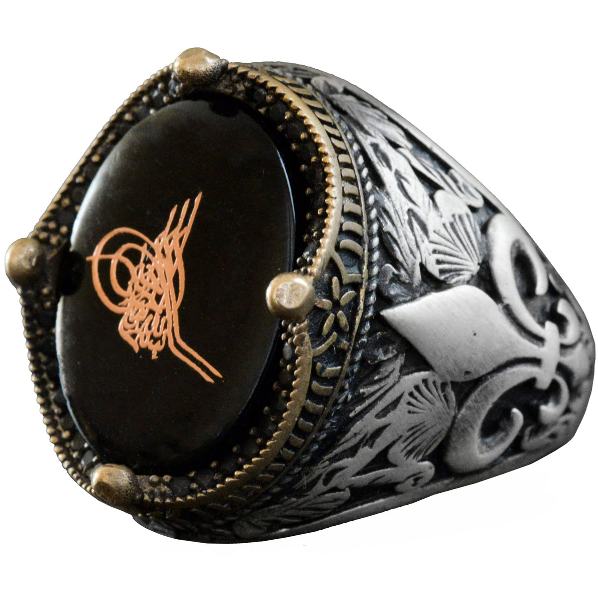 Handmade Black Onyx Stone Ring, 925 Sterling Silver Men's Ring, Turkish Tughra Design