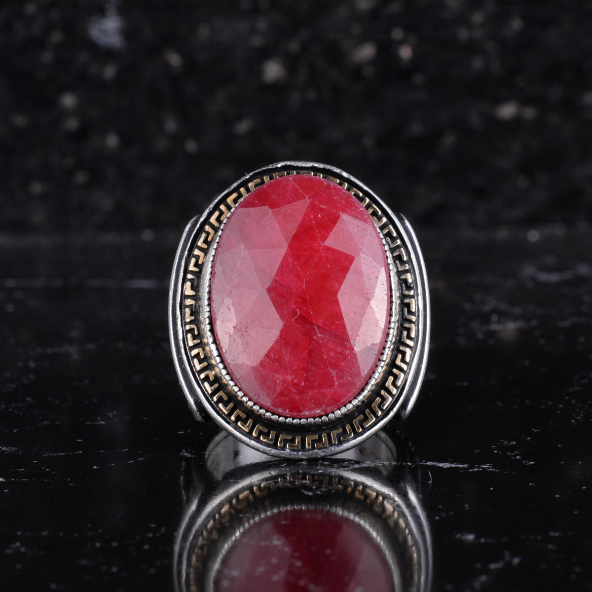 KAMBO Men's Genuine Natural Stone Ring – 925 Sterling Silver Large Statement Ring – Handmade Vintage Design – Dark Silver Ring (Ruby) — 4