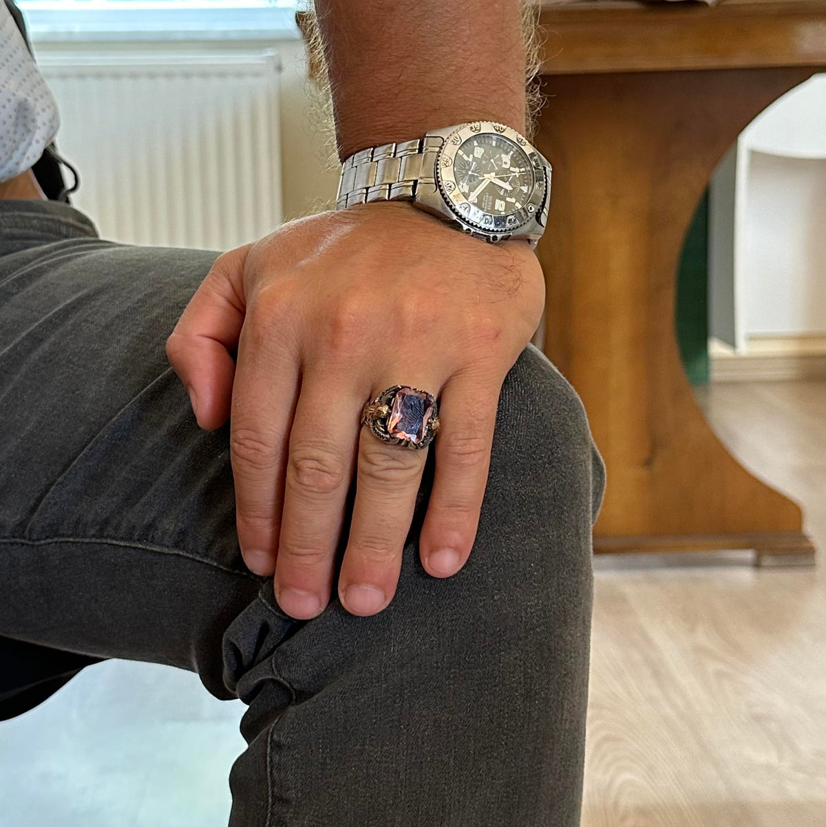 Synthetic Stone Eagle Symbol Men's Ring, Handmade 925 Sterling Silver - Protection Symbol (Sultanit) — 3