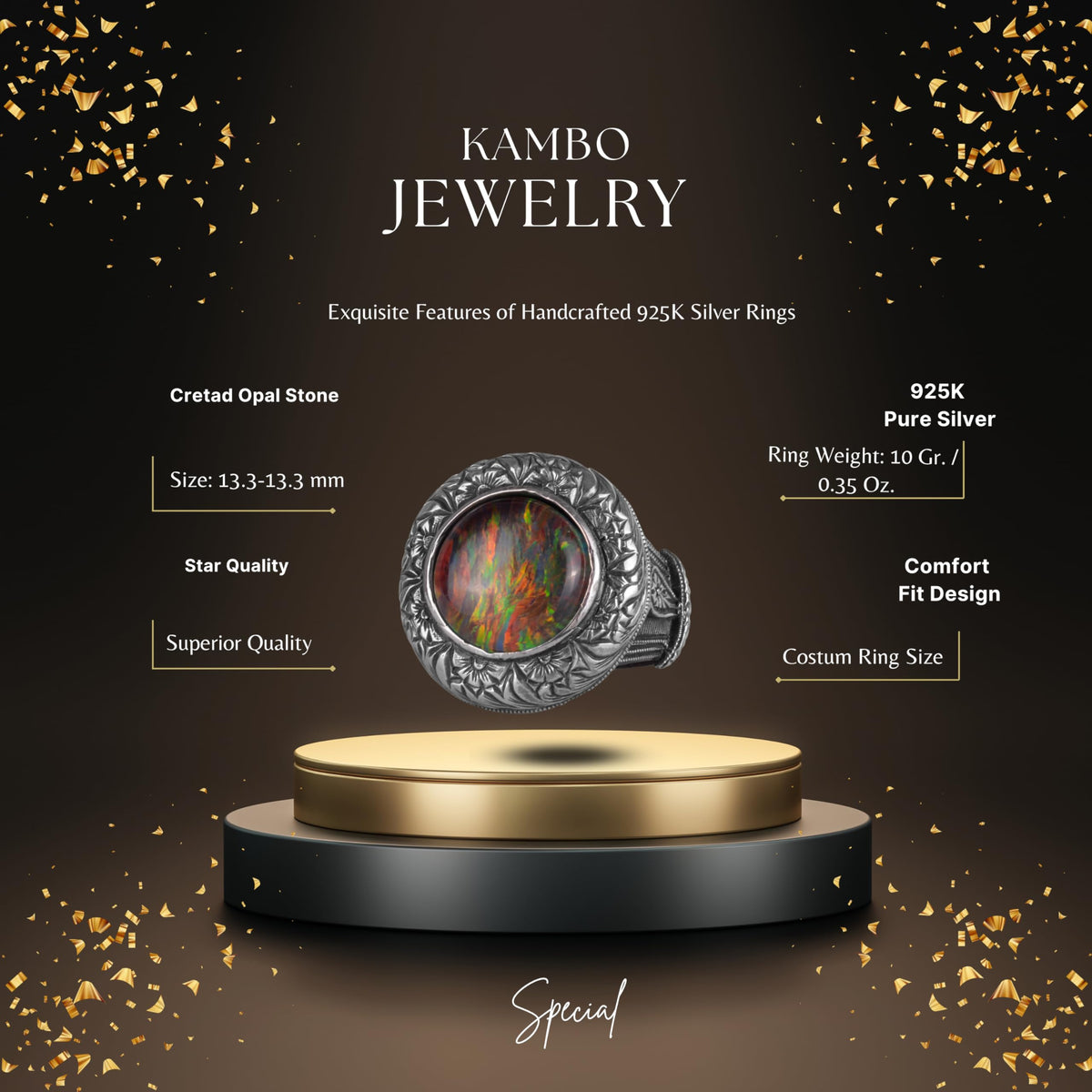 KAMBO Certified Design Opal Men's Ring – Multicolored Fire Opal 925 Sterling Silver Statement Ring – Handmade Bold Design — 2
