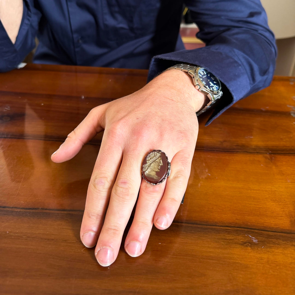 KAMBO Natural Agate Roman Emperor Cameo Large Men's Ring 925 Sterling Silver Caesar Profile Intaglio Vintage Statement Ring — 3