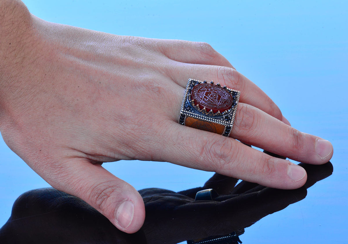 Handmade Natural Agate Stone Silver Men's Ring - Symbol of Strength and Protection (Red Agate) — 6