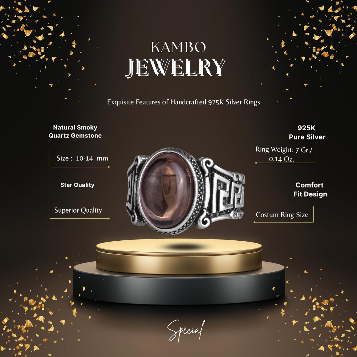 KAMBO 925 Sterling Silver Natural Stone Men's Ring – Labyrinth Pattern Handmade Vintage Statement Ring (Smoky Quartz) — 2