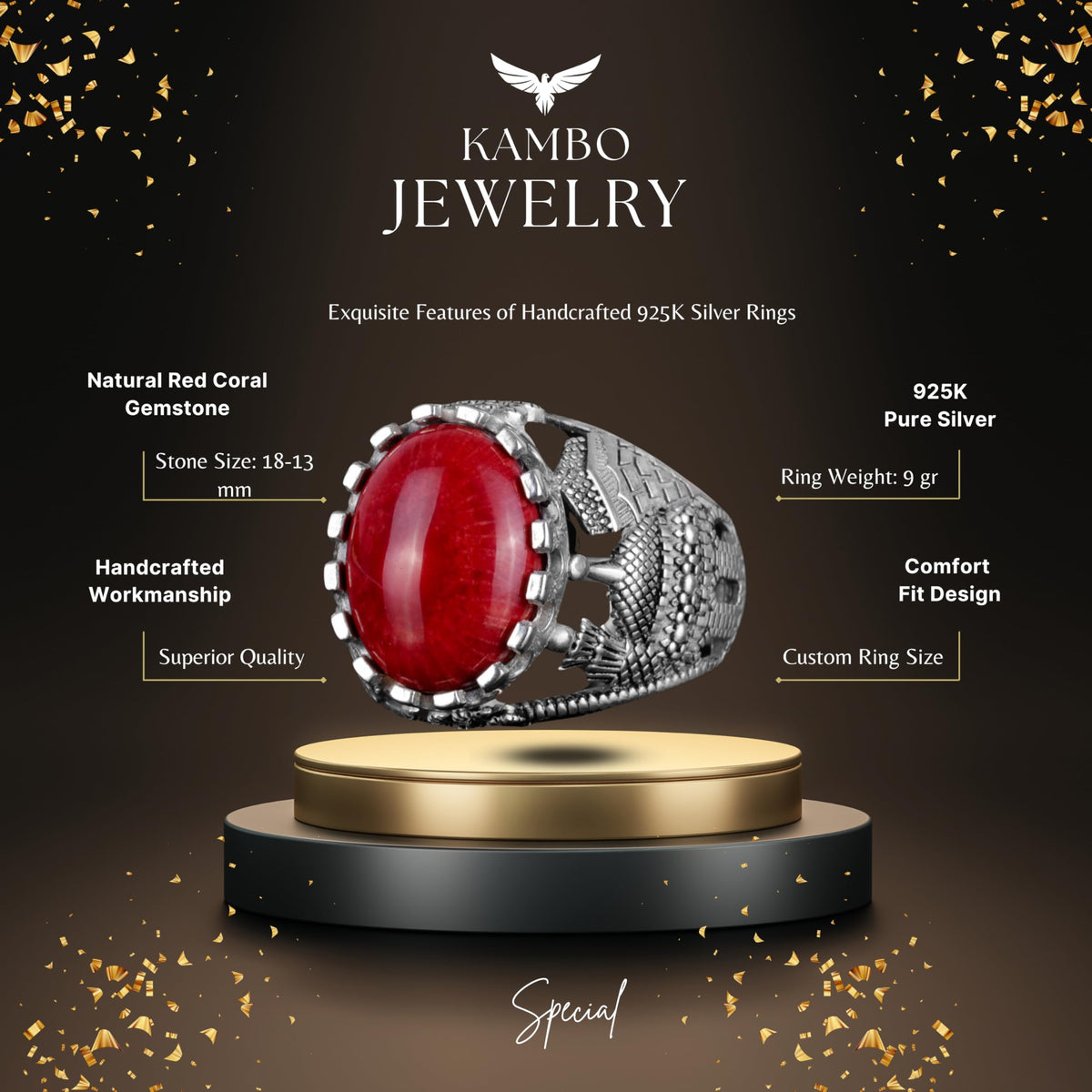 925 Sterling Silver Red Coral Stone Ring — 2