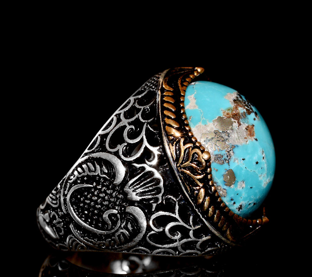 Silver Ring - Gold Highlighted Natural Arizona Turquoise Stone — 4