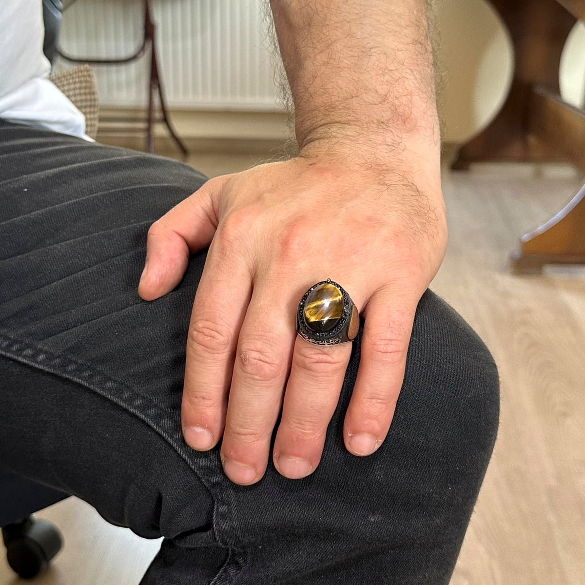 Natural Stone Ring | Star of David Men's Ring | 925 Sterling Silver | Tiger's Eye — 7