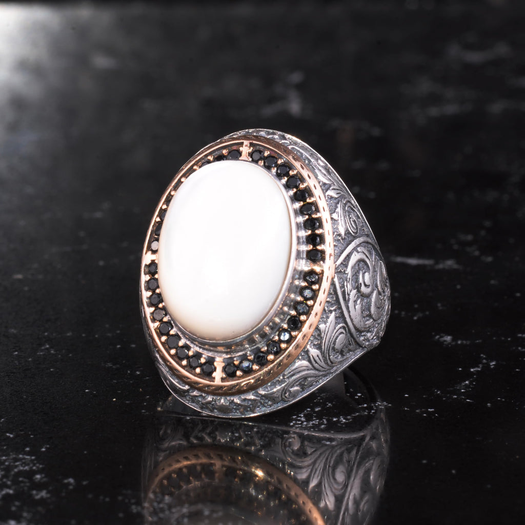 Men's Natural Stone Large Ring – Oval Stone Vintage Byzantine Engraved Statement Ring - Antique Filigree 925 Sterling Silver Jewelry (Pearl-1) — 4