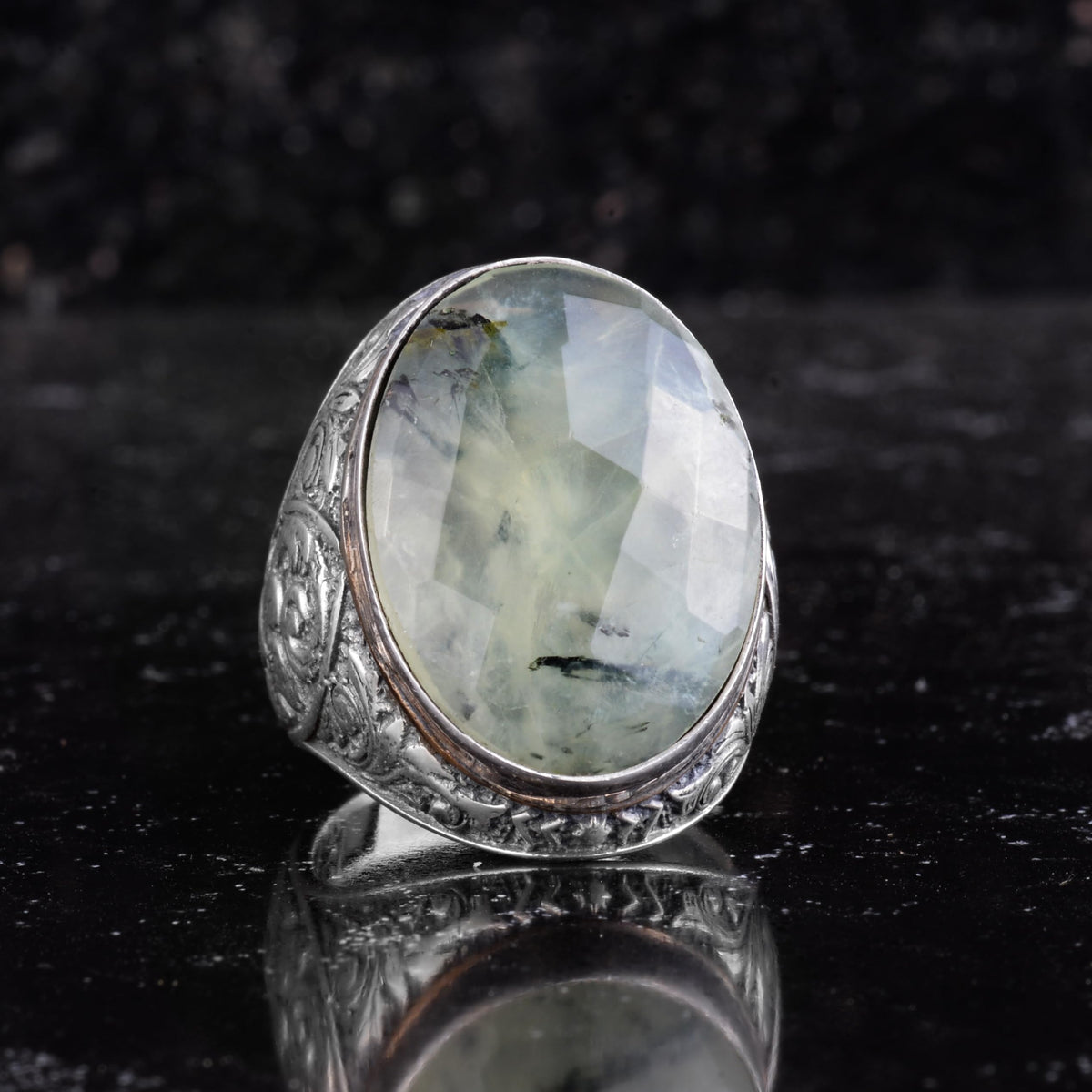 KAMBO Natural Prehnite Stone Large Men's Ring - Faceted Prehnite Stone Ring - Ottoman Floral Engraved Design 925 Sterling Silver Handmade Ring — 4