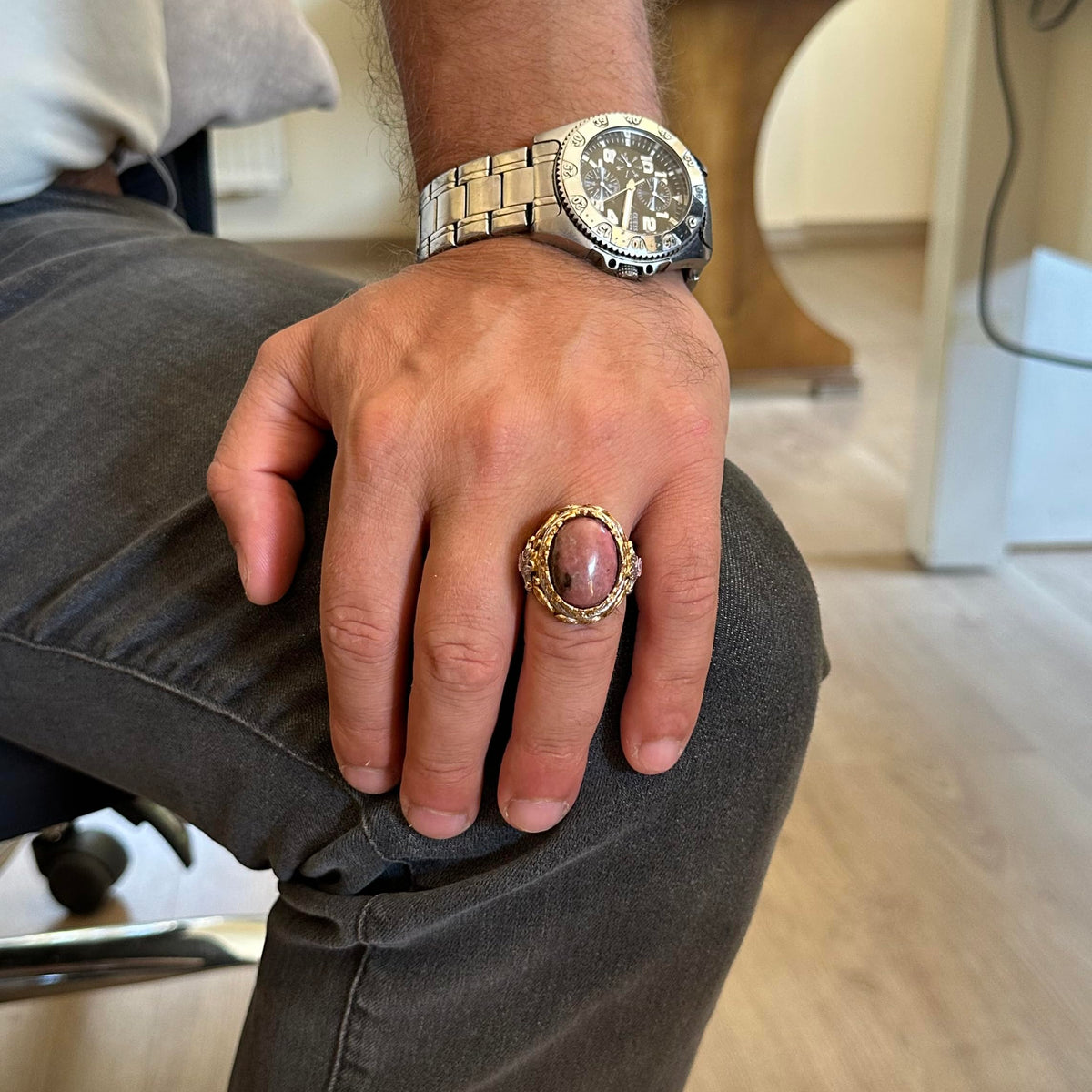 KAMBO Genuine Natural Stone Ring - Men's Sultan Ring - Gold Plated 925 Sterling Silver Ring - Handmade Ring (Rhodonite) — 3