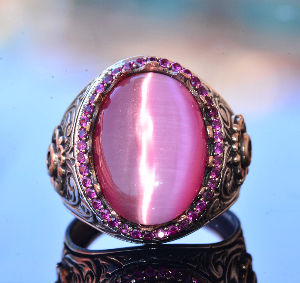 925 Sterling Silver Men's Ring - Pink Cat's Eye Stone King Ring - Handmade Men's Jewelry — 3
