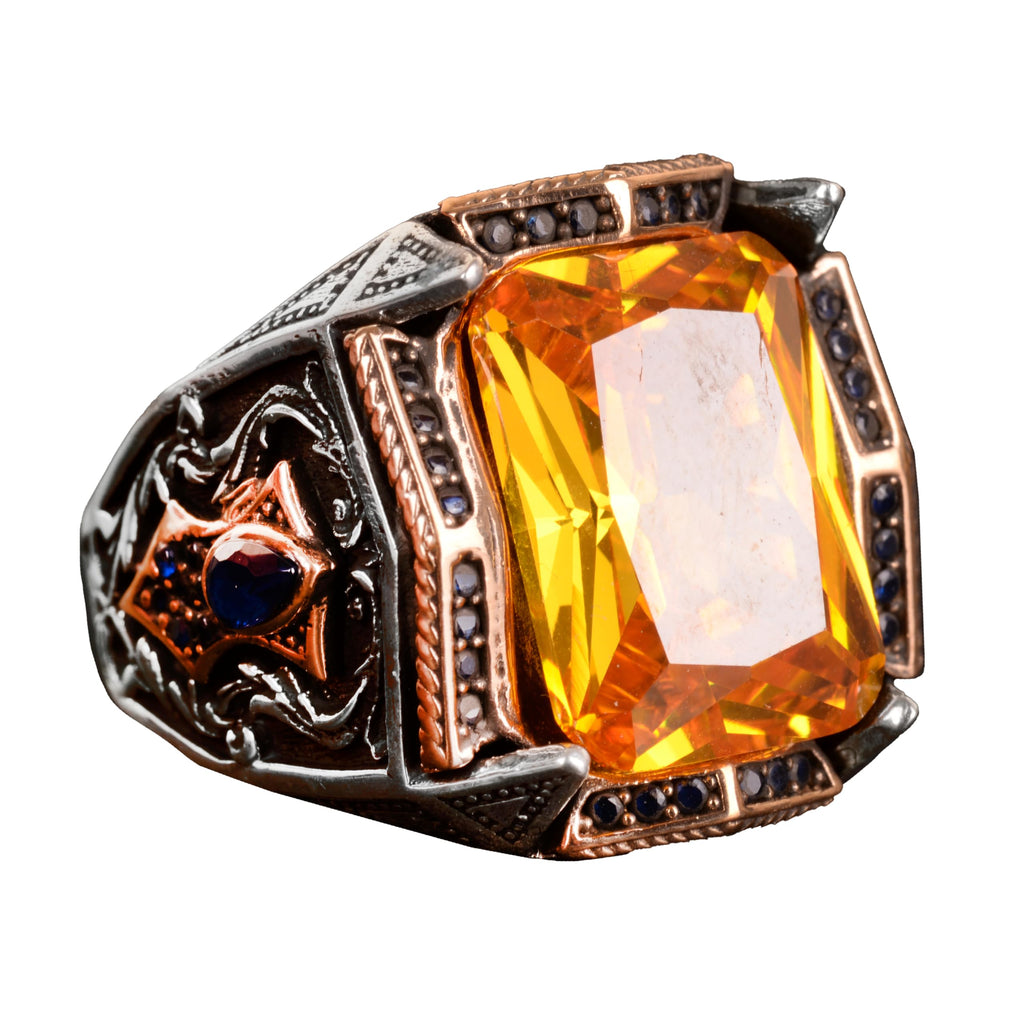 925 Sterling Silver Men's Ring, Oval Stone Ring, Synthetic Citrine Ring