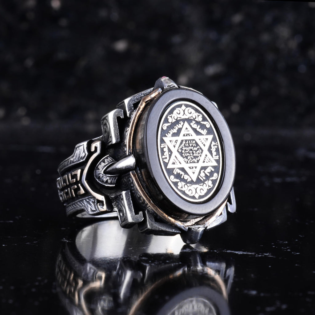 KAMBO Natural Stone Ring 925 Sterling Silver – Handmade Men's Statement Ring Healing Jewelry (Seal of Solomon) — 6